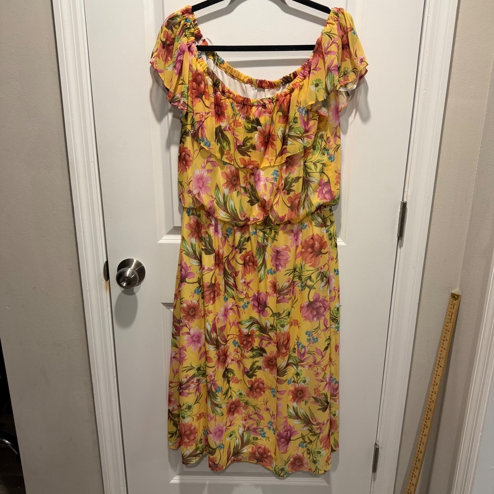 Soho Apparel‎ Ltd. Women Midi Dress Floral Ruffle Off Shoulder Yellow 1X